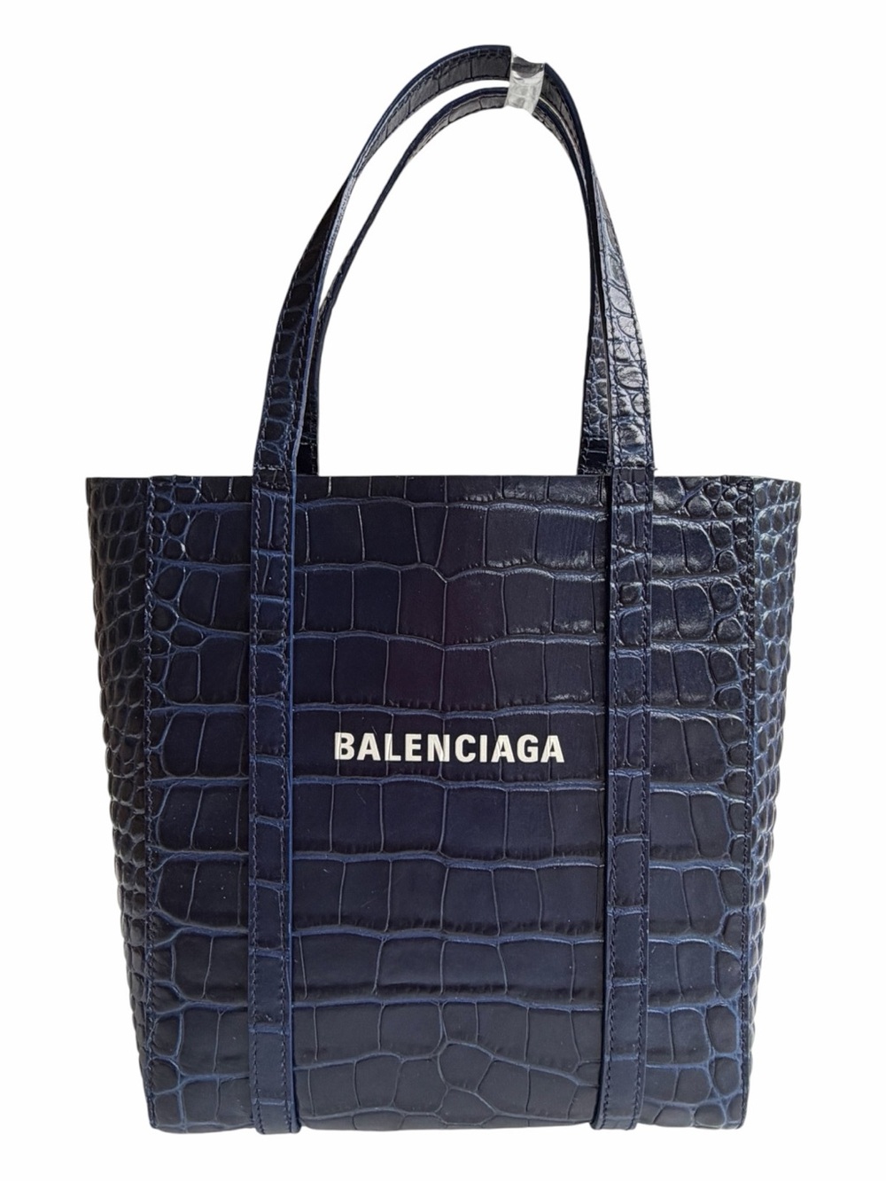 Balenciaga Navy Croc-Embossed Leather Tote with Logo